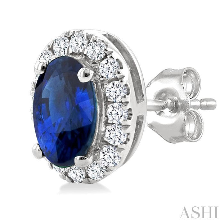 5x3 MM Oval Shape Sapphire and 1/8 Ctw Single Cut Diamond Halo Precious Stud Earrings in 10K White Gold