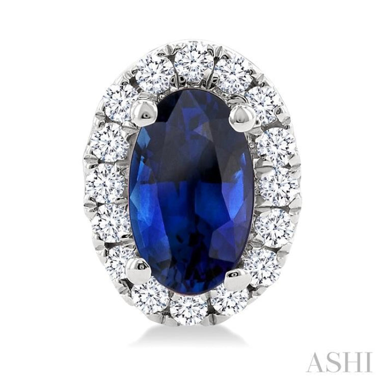 5x3 MM Oval Shape Sapphire and 1/8 Ctw Single Cut Diamond Halo Precious Stud Earrings in 14K White Gold