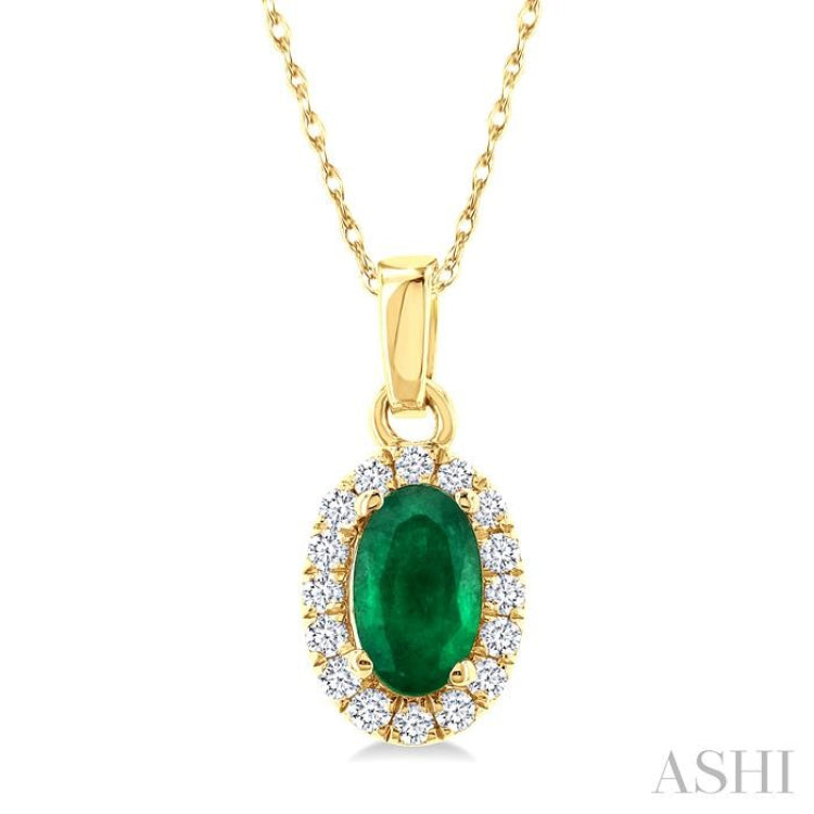 5x3 MM Oval Shape Emerald and 1/20 Ctw Round Cut Diamond Halo Precious Pendant with Chain in 14K Yellow Gold