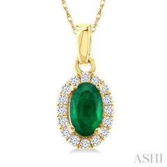 5x3 MM Oval Shape Emerald and 1/20 Ctw Round Cut Diamond Halo Precious Pendant with Chain in 14K Yellow Gold