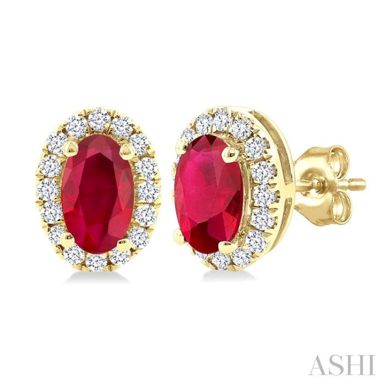 5x3 MM Oval Shape Ruby and 1/8 Ctw Single Cut Diamond Halo Precious Stud Earrings in 10K Yellow Gold