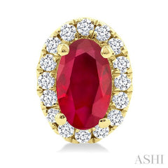 5x3 MM Oval Shape Ruby and 1/8 Ctw Single Cut Diamond Halo Precious Stud Earrings in 10K Yellow Gold