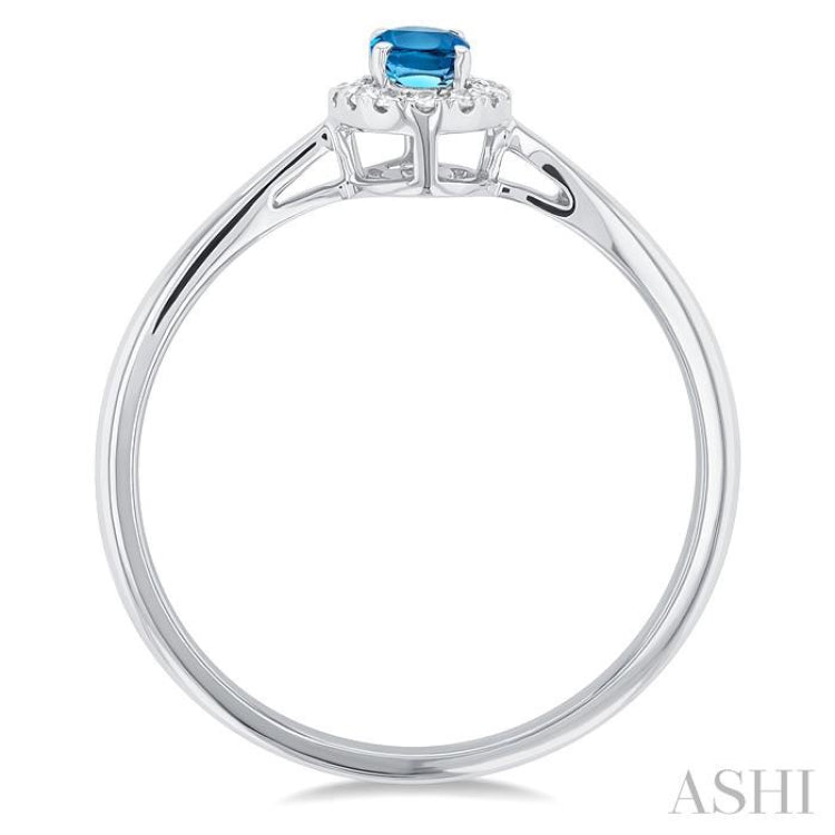 5x3 MM Oval Shape Blue Topaz and 1/20 Ctw Round Cut Diamond Halo Semi-Precious Ring in 14K White Gold
