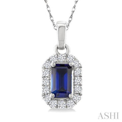 5x3 MM Octagonal Shape Sapphire and 1/20 Ctw Single Cut Diamond Halo Precious Pendant with Chain in 10K White Gold