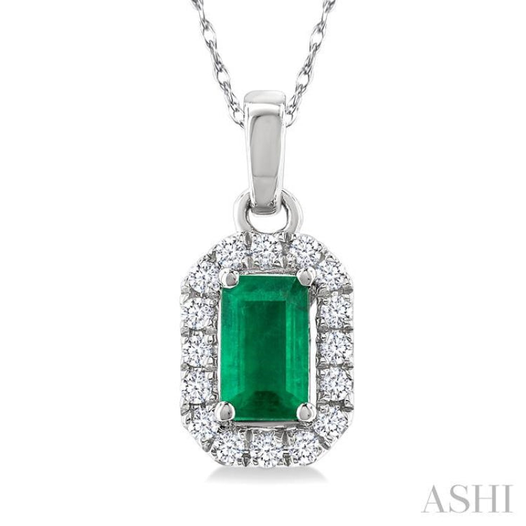 5x3 MM Octagonal Shape Emerald and 1/20 Ctw Single Cut Diamond Halo Precious Pendant with Chain in 10K White Gold