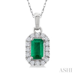 5x3 MM Octagonal Shape Emerald and 1/20 Ctw Single Cut Diamond Halo Precious Pendant with Chain in 10K White Gold