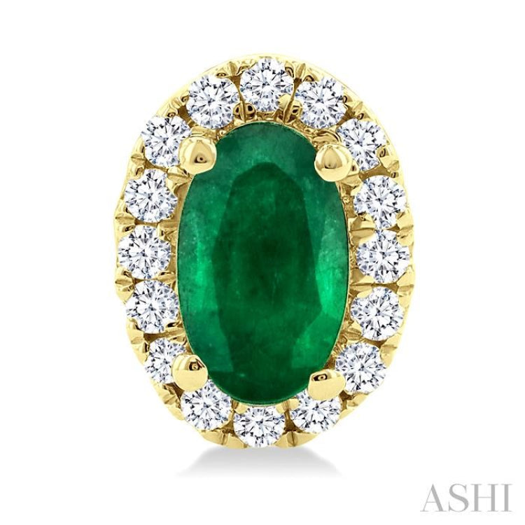 5x3 MM Oval Shape Emerald and 1/8 Ctw Round Cut Diamond Halo Precious Stud Earrings in 10K Yellow Gold