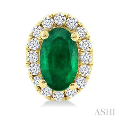 5x3 MM Oval Shape Emerald and 1/8 Ctw Round Cut Diamond Halo Precious Stud Earrings in 10K Yellow Gold