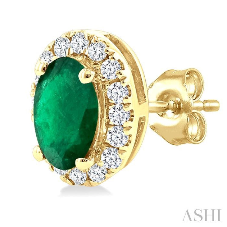 5x3 MM Oval Shape Emerald and 1/8 Ctw Round Cut Diamond Halo Precious Stud Earrings in 10K Yellow Gold