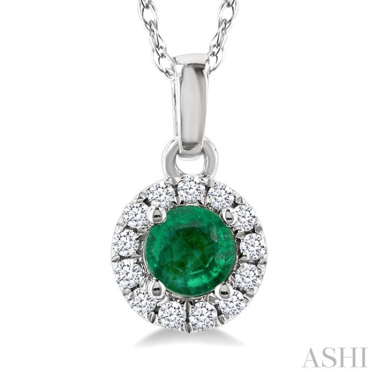 3.25 MM Round Emerald and 1/20 Ctw Single Cut Diamond Halo Precious Pendant with Chain in 10K White Gold