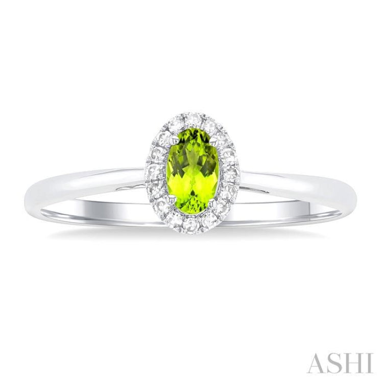 5x3 MM Oval Shape Peridot and 1/20 Ctw Round Cut Diamond Halo Semi-Precious Ring in 14K White Gold