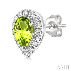 5x3 MM Pear Shape Peridot and 1/8 Ctw Single Cut Diamond Halo Semi-Precious Stud Earrings in 10K White Gold
