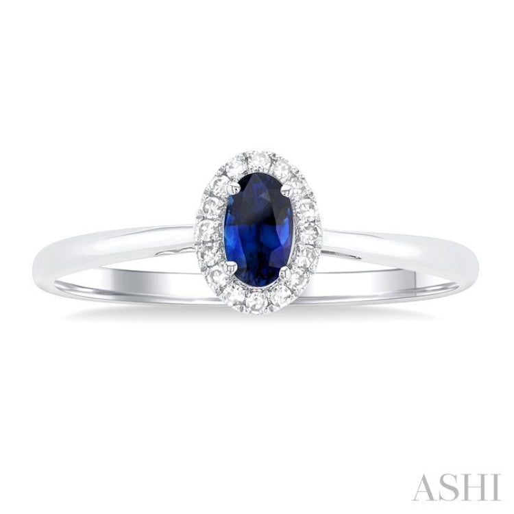5x3 MM Oval Shape Sapphire and 1/20 Ctw Round Cut Diamond Halo Precious Ring in 14K White Gold