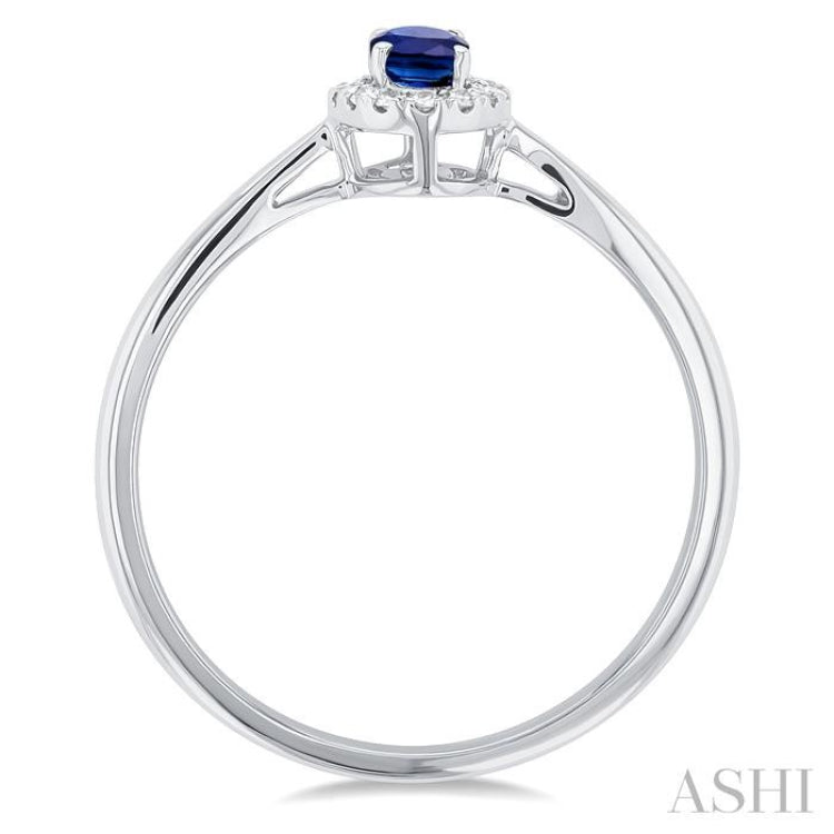 5x3 MM Oval Shape Sapphire and 1/20 Ctw Round Cut Diamond Halo Precious Ring in 14K White Gold
