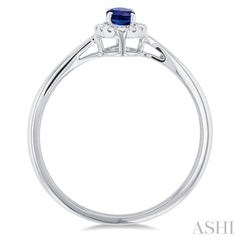 5x3 MM Oval Shape Sapphire and 1/20 Ctw Round Cut Diamond Halo Precious Ring in 14K White Gold