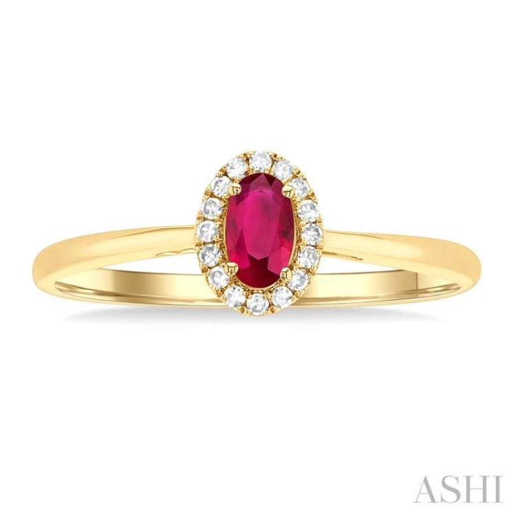 5x3 MM Oval Shape Ruby and 1/20 Ctw Round Cut Diamond Halo Precious Ring in 10K Yellow Gold