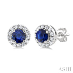 3.25 MM Round Sapphire and 1/10 Ctw Single Cut Diamond Halo Precious Stud Earrings in 10K White Gold