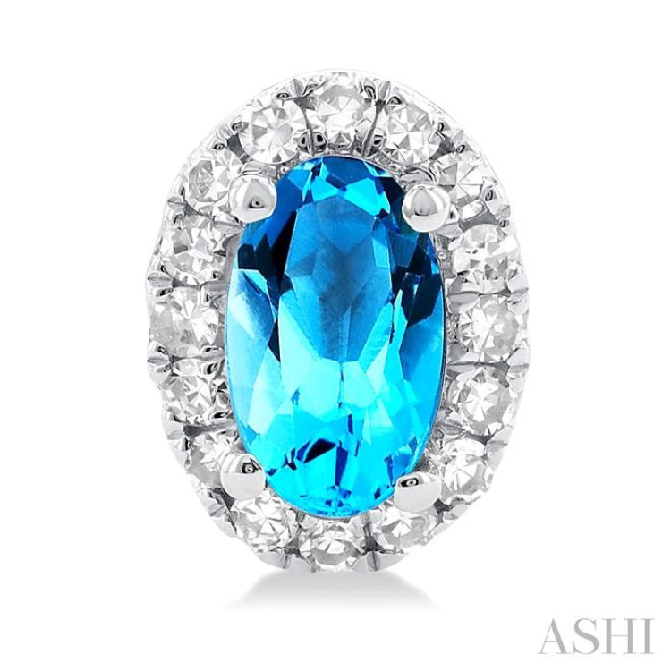 5x3 MM Oval Shape Blue Topaz and 1/8 Ctw Round Cut Diamond Halo Semi-Precious Stud Earrings in 14K White Gold