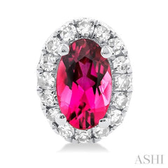 5x3 MM Oval Shape Pink Tourmaline and 1/8 Ctw Round Cut Diamond Halo Semi-Precious Stud Earrings in 10K White Gold