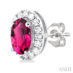5x3 MM Oval Shape Pink Tourmaline and 1/8 Ctw Round Cut Diamond Halo Semi-Precious Stud Earrings in 10K White Gold