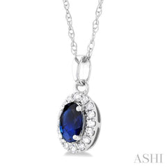 5x3 MM Oval Shape Sapphire and 1/20 Ctw Single Cut Diamond Halo Precious Pendant with Chain in 10K White Gold
