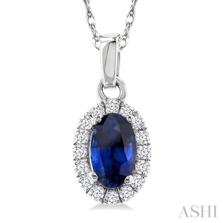 5x3 MM Oval Shape Sapphire and 1/20 Ctw Single Cut Diamond Halo Precious Pendant with Chain in 10K White Gold