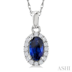 5x3 MM Oval Shape Sapphire and 1/20 Ctw Single Cut Diamond Halo Precious Pendant with Chain in 10K White Gold