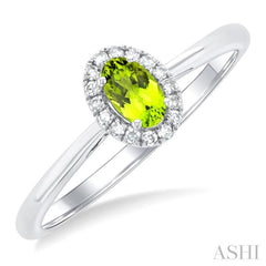 5x3 MM Oval Shape Peridot and 1/20 Ctw Round Cut Diamond Halo Semi-Precious Ring in 10K White Gold