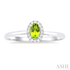 5x3 MM Oval Shape Peridot and 1/20 Ctw Round Cut Diamond Halo Semi-Precious Ring in 10K White Gold