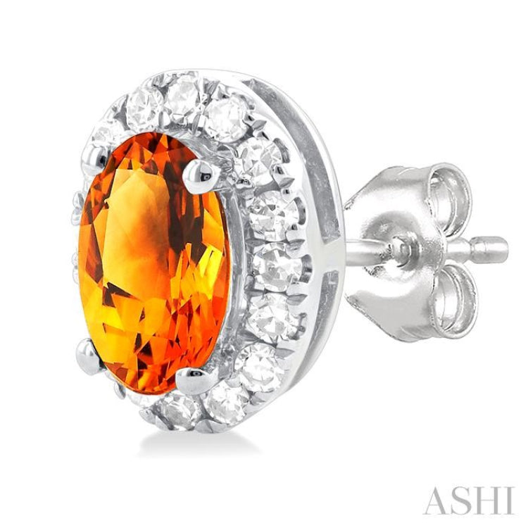 5x3 MM Oval Shape Citrine and 1/8 Ctw Round Cut Diamond Halo Semi-Precious Stud Earrings in 10K White Gold