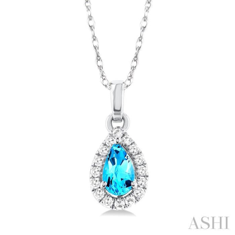 5x3 MM Pear Shape Blue Topaz and 1/20 Ctw Round Cut Diamond Halo Semi-Precious Pendant with Chain in 10K White Gold