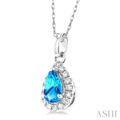 5x3 MM Pear Shape Blue Topaz and 1/20 Ctw Round Cut Diamond Halo Semi-Precious Pendant with Chain in 10K White Gold