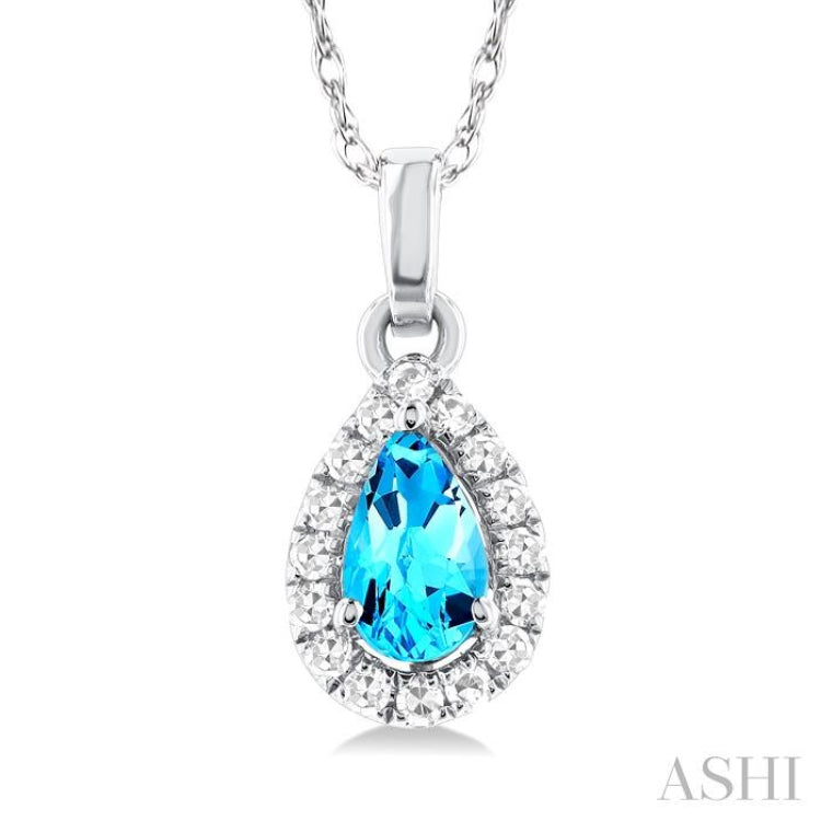 5x3 MM Pear Shape Blue Topaz and 1/20 Ctw Round Cut Diamond Halo Semi-Precious Pendant with Chain in 10K White Gold
