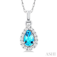 5x3 MM Pear Shape Blue Topaz and 1/20 Ctw Round Cut Diamond Halo Semi-Precious Pendant with Chain in 10K White Gold