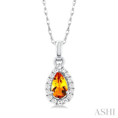5x3 MM Pear Shape Citrine and 1/20 Ctw Round Cut Diamond Halo Semi-Precious Pendant with Chain in 10K White Gold