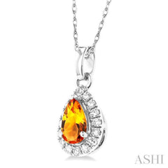 5x3 MM Pear Shape Citrine and 1/20 Ctw Round Cut Diamond Halo Semi-Precious Pendant with Chain in 10K White Gold
