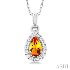 5x3 MM Pear Shape Citrine and 1/20 Ctw Round Cut Diamond Halo Semi-Precious Pendant with Chain in 10K White Gold