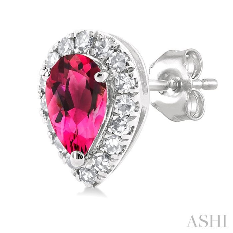 5x3 MM Pear Shape Pink Tourmaline and 1/8 Ctw Round Cut Diamond Halo Semi-Precious Stud Earrings in 10K White Gold