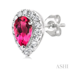 5x3 MM Pear Shape Pink Tourmaline and 1/8 Ctw Round Cut Diamond Halo Semi-Precious Stud Earrings in 10K White Gold