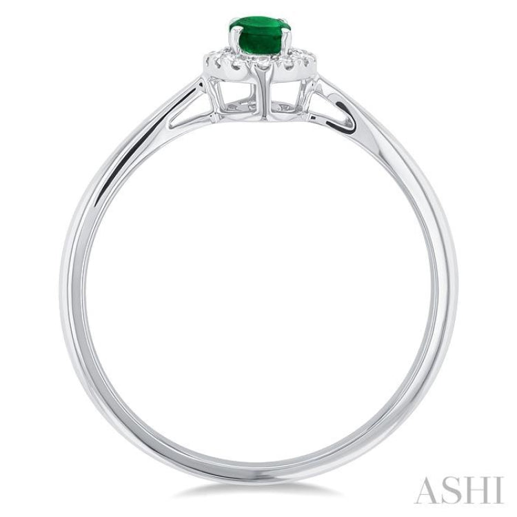5x3 MM Oval Shape Emerald and 1/20 Ctw Round Cut Diamond Halo Precious Ring in 14K White Gold