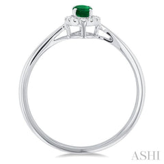 5x3 MM Oval Shape Emerald and 1/20 Ctw Round Cut Diamond Halo Precious Ring in 14K White Gold