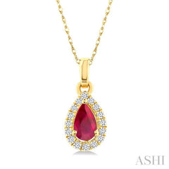 5x3 MM Pear Shape Ruby and 1/20 Ctw Round Cut Diamond Halo Precious Pendant with Chain in 10K Yellow Gold