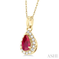 5x3 MM Pear Shape Ruby and 1/20 Ctw Round Cut Diamond Halo Precious Pendant with Chain in 10K Yellow Gold