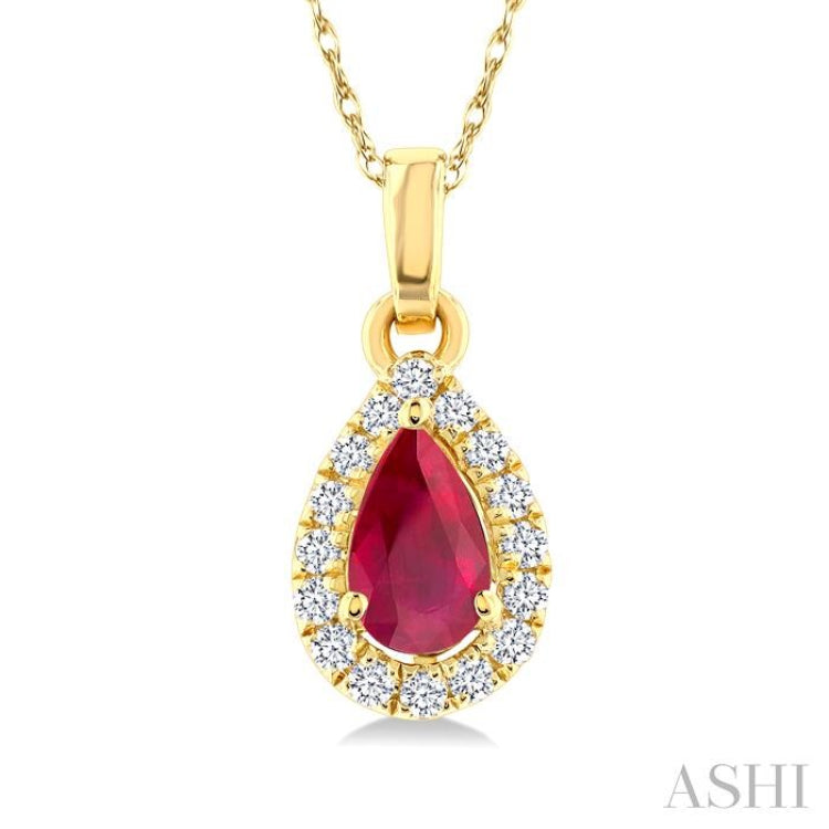 5x3 MM Pear Shape Ruby and 1/20 Ctw Round Cut Diamond Halo Precious Pendant with Chain in 10K Yellow Gold
