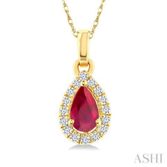 5x3 MM Pear Shape Ruby and 1/20 Ctw Round Cut Diamond Halo Precious Pendant with Chain in 10K Yellow Gold