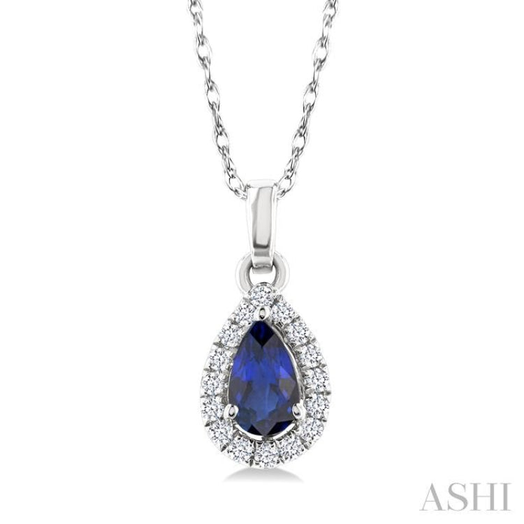 5x3 MM Pear Shape Sapphire and 1/20 Ctw Round Cut Diamond Halo Precious Pendant with Chain in 10K White Gold