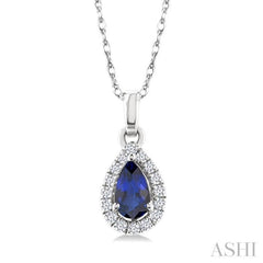 5x3 MM Pear Shape Sapphire and 1/20 Ctw Round Cut Diamond Halo Precious Pendant with Chain in 10K White Gold