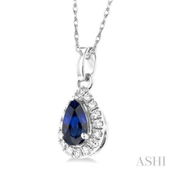 5x3 MM Pear Shape Sapphire and 1/20 Ctw Round Cut Diamond Halo Precious Pendant with Chain in 10K White Gold
