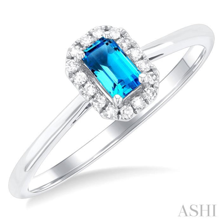 5x3 MM Octagonal Shape Blue Topaz and 1/20 Ctw Round Cut Diamond Halo Semi-Precious Ring in 10K White Gold