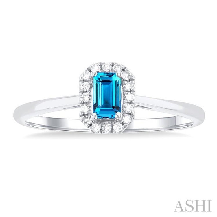 5x3 MM Octagonal Shape Blue Topaz and 1/20 Ctw Round Cut Diamond Halo Semi-Precious Ring in 10K White Gold